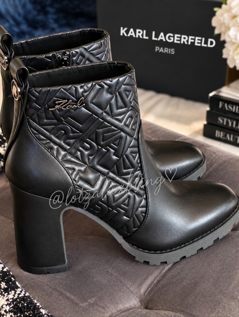 New Karl Lagerfeld Black Quilted Logo Ankle Boots Block Heel Women’s 7.5